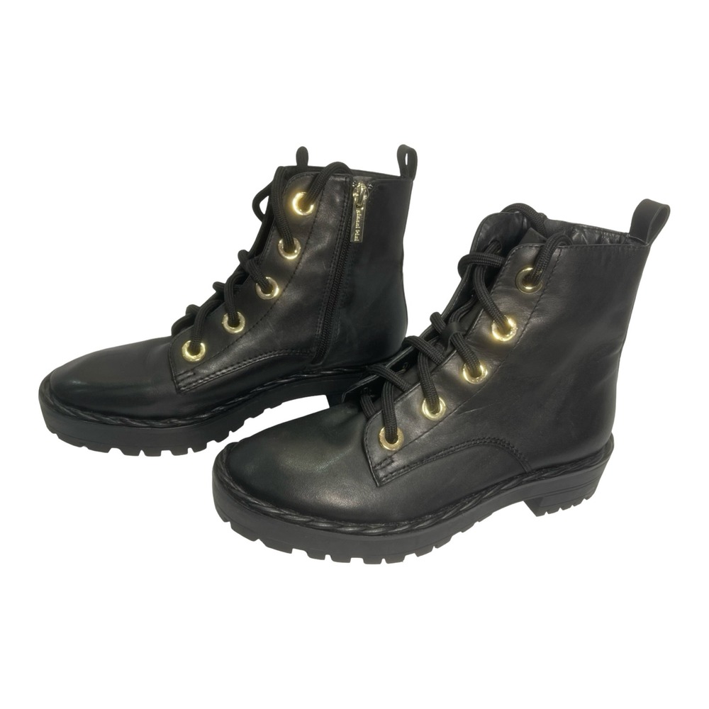 Gianni Bini Black Leather Lace Up Zip Combat Boots Women's Size 7M Lug Sole